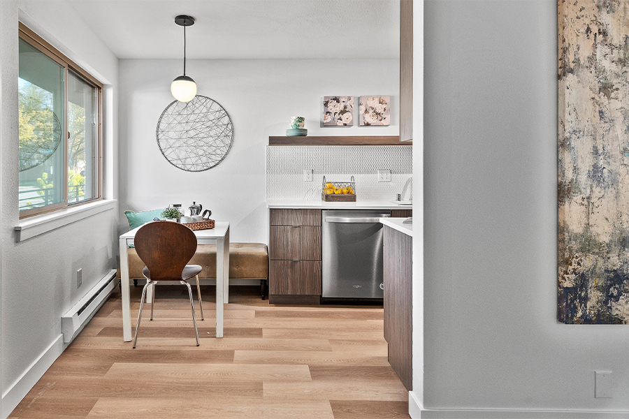 view of dining and kitchen area with window to Magnolia